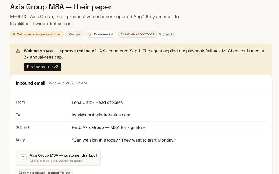 Matter M-0913 Axis Group MSA, their paper, marked Yellow. A notice reads Waiting on you, approve redline v2. Below it the inbound email from Lena Ortiz, Head of Sales, to legal@northwindrobotics.com: Can we sign this today? They want to start Monday, with the Axis Group MSA attached.
