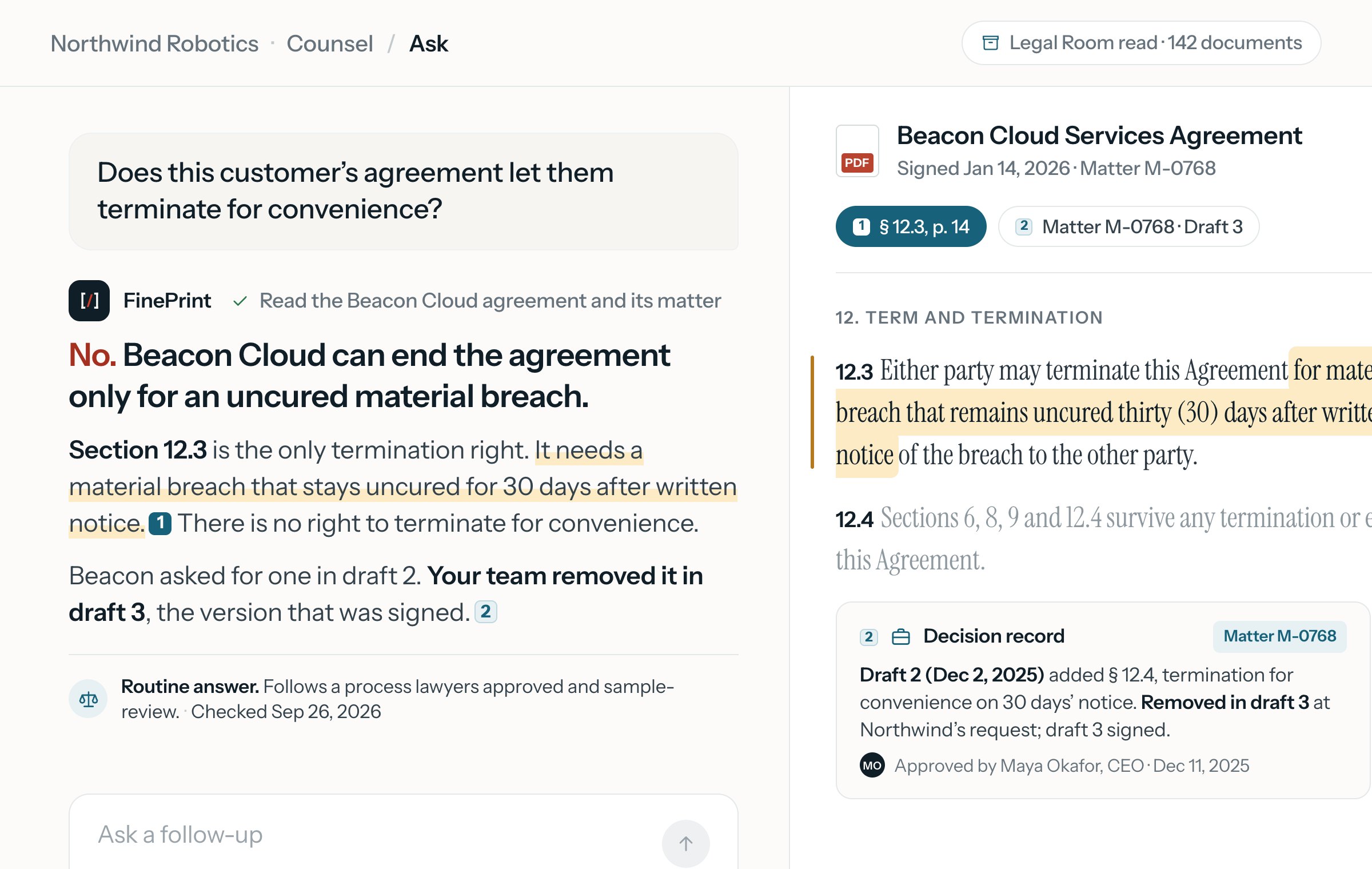 FinePrint Counsel answering “Does this customer’s agreement let them terminate for convenience?”: No, with the clause it rests on, section 12.3 of the Beacon Cloud agreement highlighted beside the answer, and a note that the answer follows a process lawyers approved and sample-review.