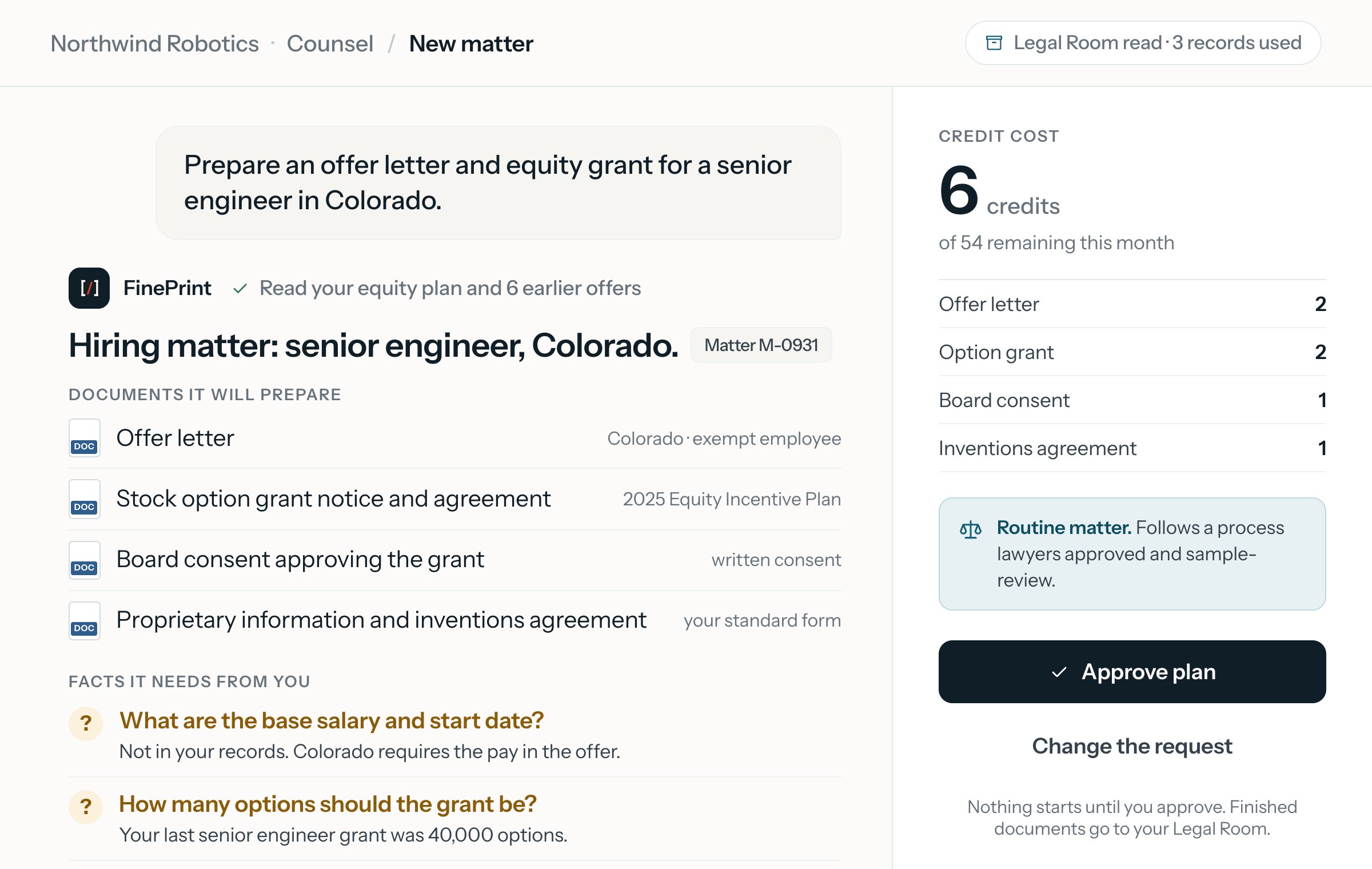 The plan for a hiring matter: the request “Prepare an offer letter and equity grant for a senior engineer in Colorado.”, the four documents FinePrint Counsel will prepare, two facts it asks for because they are not in the company's records, its cost, and the Approve plan button.