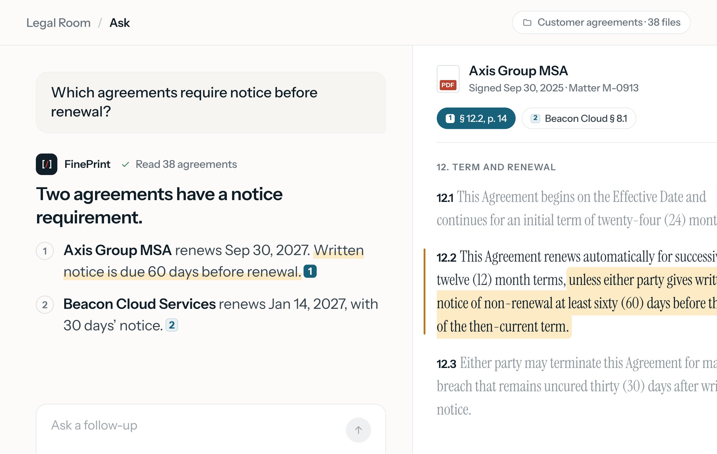 A question in the Legal Room, “Which agreements require notice before renewal?”, answered “Two agreements have a notice requirement.” with numbered citations, beside the Axis Group MSA section 12.2 with the cited sentence highlighted.