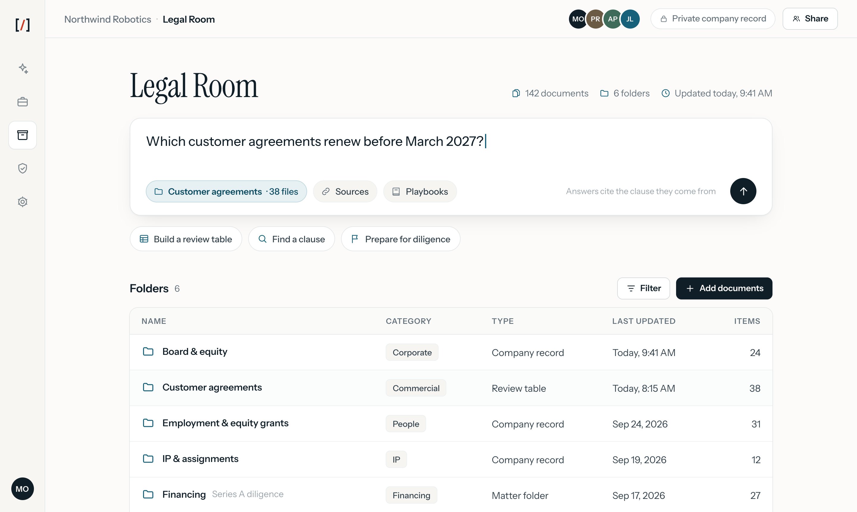 The Northwind Robotics Legal Room: a question typed into the prompt box, “Which customer agreements renew before March 2027?”, above the company's folders for board and equity, customer agreements, employment and equity grants, IP and assignments, financing, and policies.