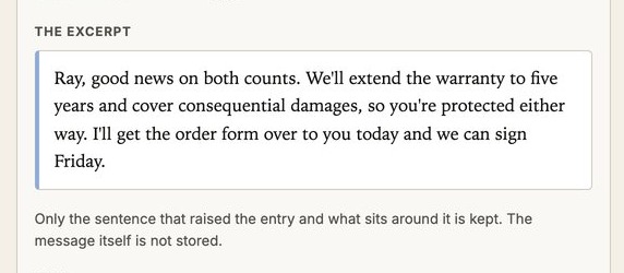 The excerpt kept with a FineShield entry: one promise of a five-year warranty and the sentences around it, above the note that only the sentence that raised the entry and what sits around it is kept, and the message itself is not stored.
