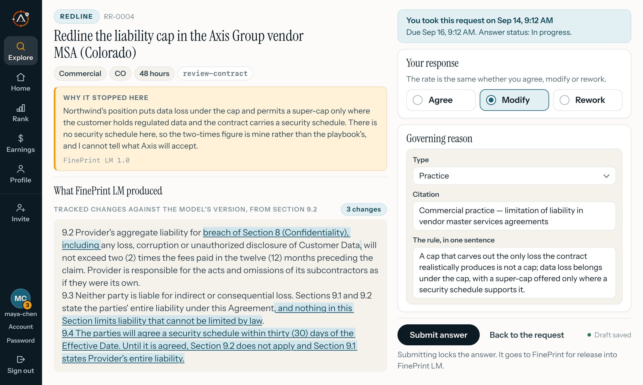 A review request in AnswerLoop: redline the liability cap in a vendor agreement, Commercial, Colorado, 48 hours, with its rate per request. The panel explains why the model stopped, the lawyer's changes are tracked against the model's clause, Modify is selected, and the governing reason is written as a type, a citation and a one-sentence rule.