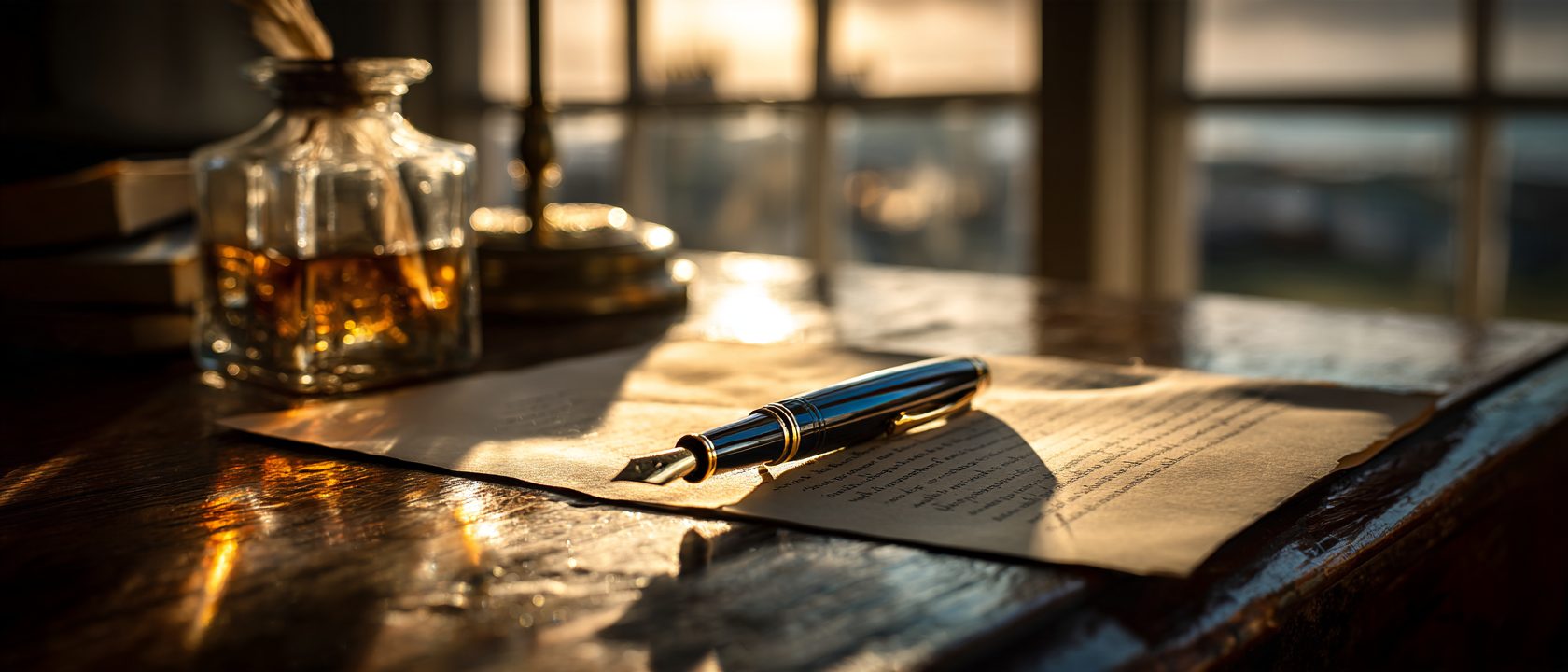 A fountain pen resting on a printed page on a wooden desk by a window, in low morning sunlight.