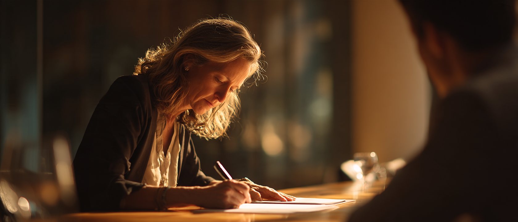 A woman writing notes in pencil at a desk in warm lamplight, a colleague out of focus in the foreground.