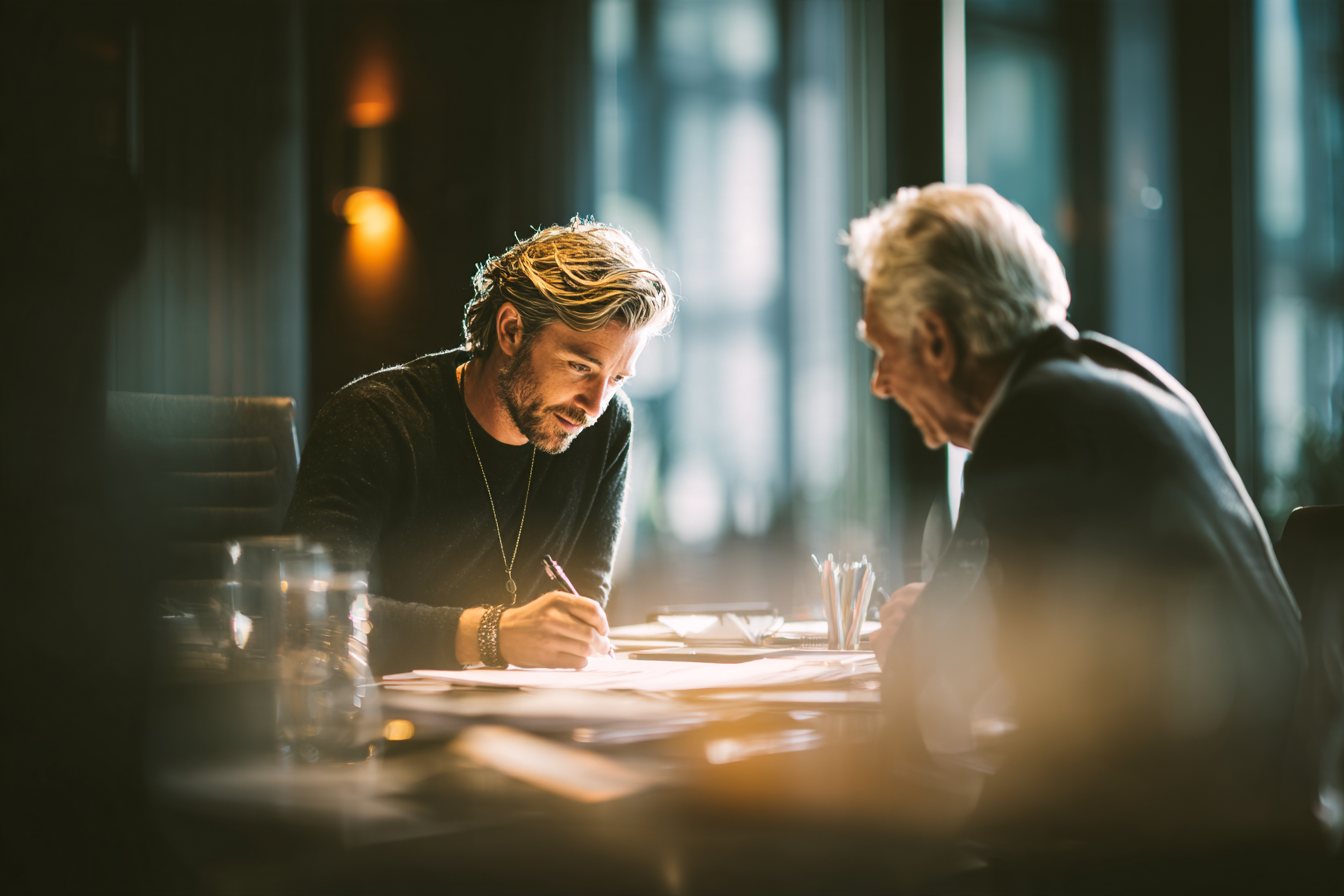 A younger man takes notes at a long table while an older man with white hair reads through papers across from him.