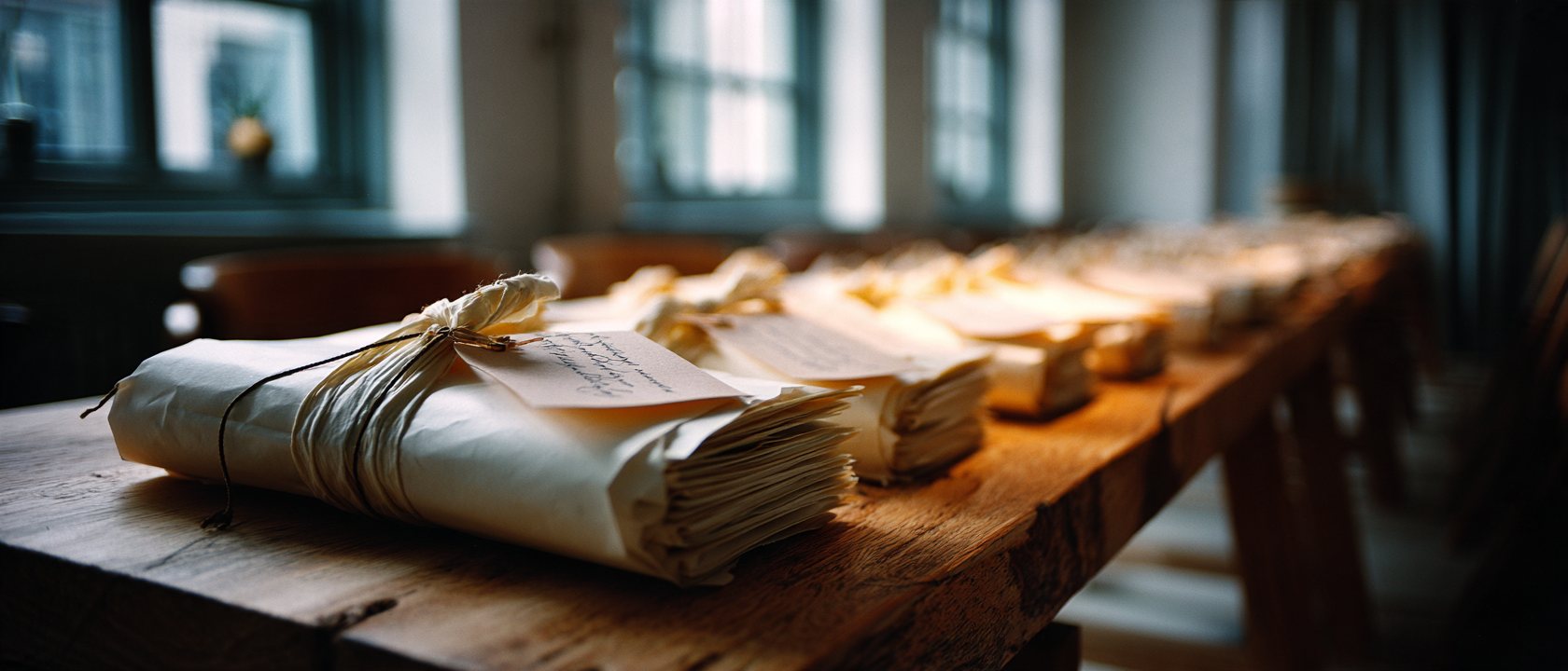Bundles of papers tied with ribbon laid in a row along a long wooden table.