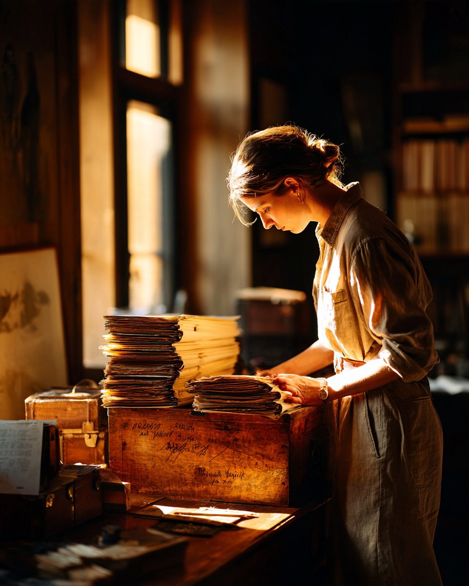 A woman sorting stacks of papers and files at a wooden desk by a tall window.