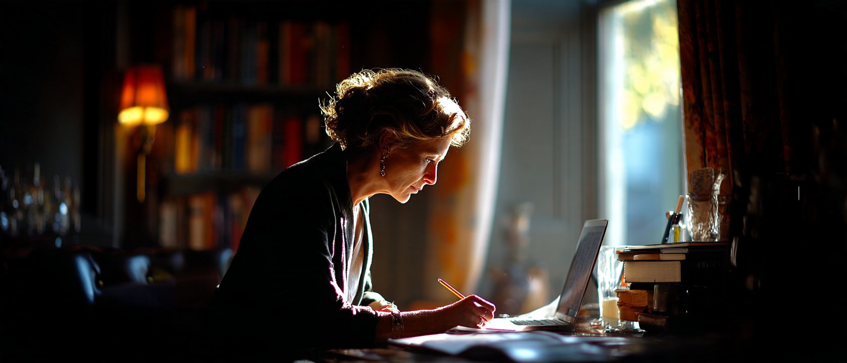 A lawyer in a book-lined study reading on a laptop and making notes on a printed copy.