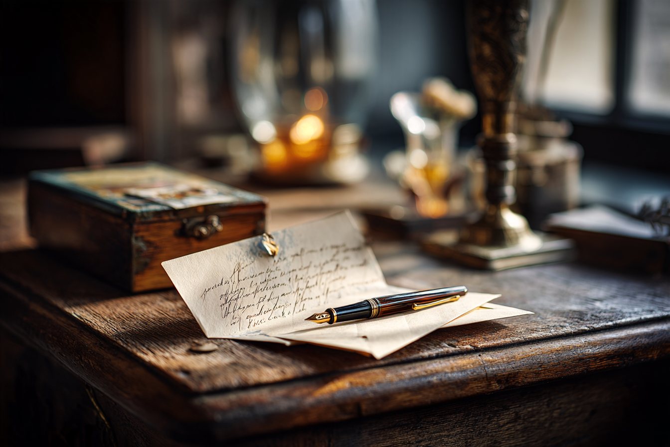 A handwritten note and a fountain pen on a wooden desk beside a small box.