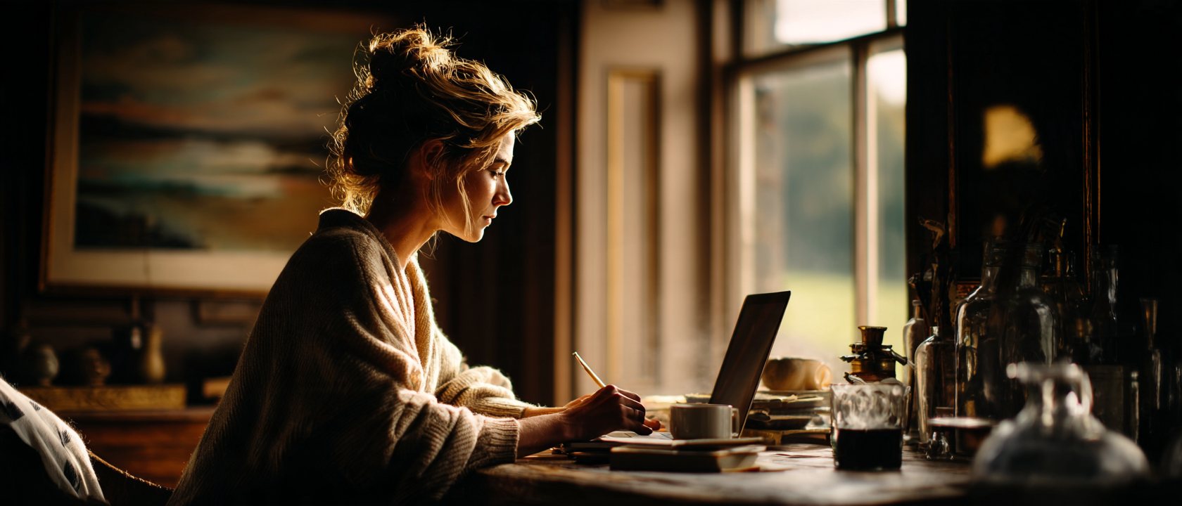 A founder writing on a laptop at a desk beside a tall window.