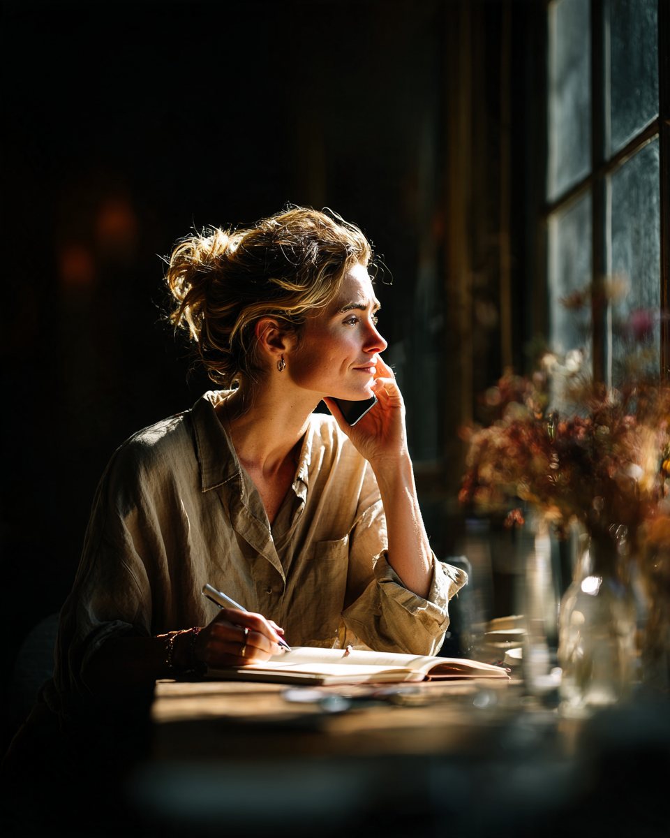 A founder on a phone call at a desk by a window, taking notes.