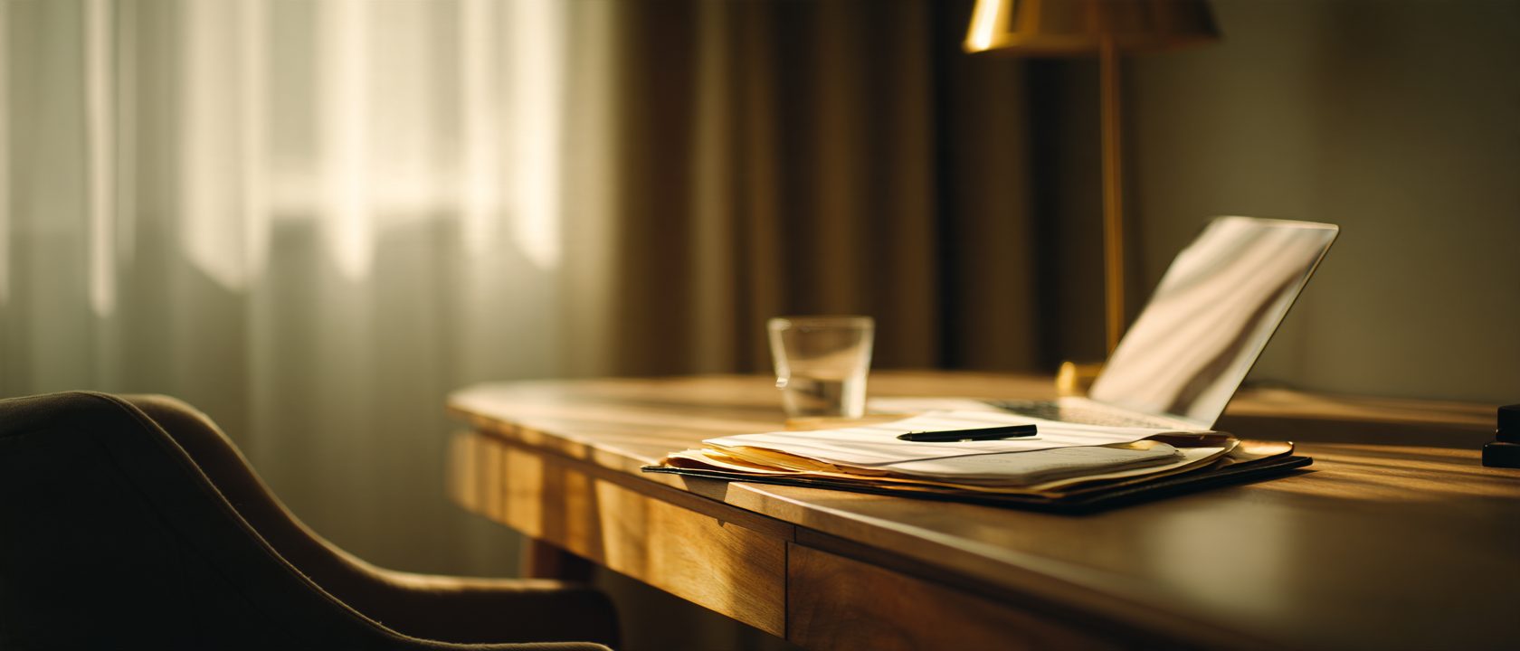 A desk in a quiet office at first light: a laptop, a glass of water, and papers left from the day before.