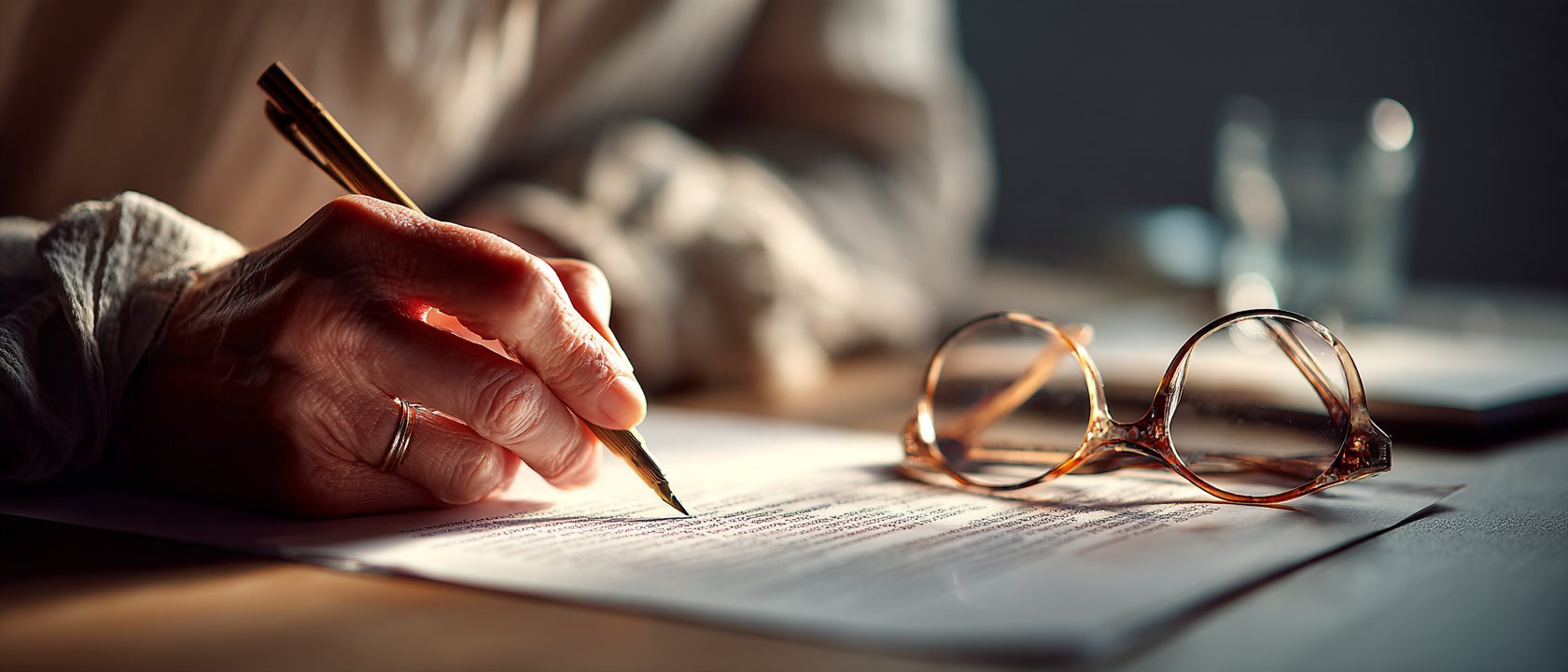 Close over a lawyer's shoulder as she writes in pencil in the margin of a printed clause, reading glasses beside the page.
