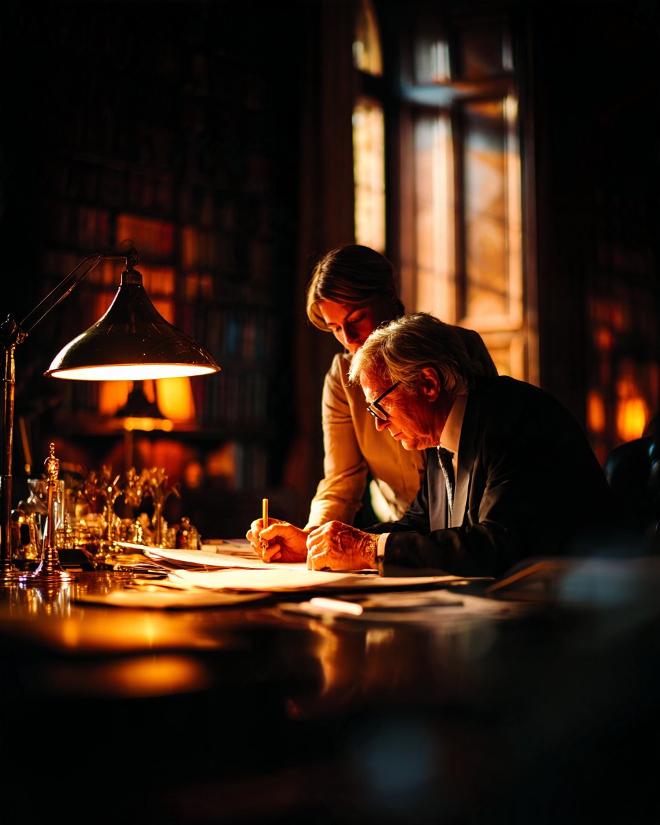 A lawyer at a desk by a window, reading a marked-up page.