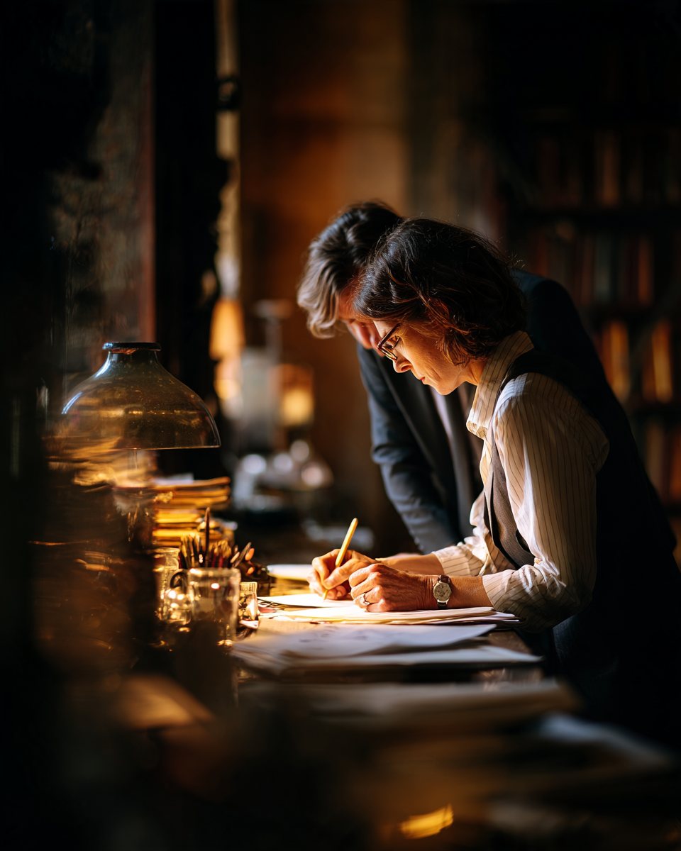 A lawyer marking a document in pencil at a desk while a colleague reads over her shoulder.