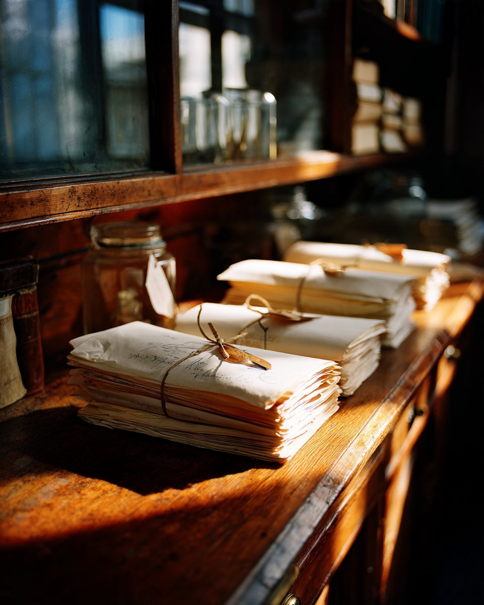 Tidy stacks of tied papers on a long wooden table in window light.
