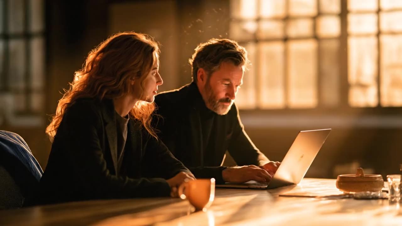 Two founders at a long wooden table by a sunlit window, working through a request together on a laptop.