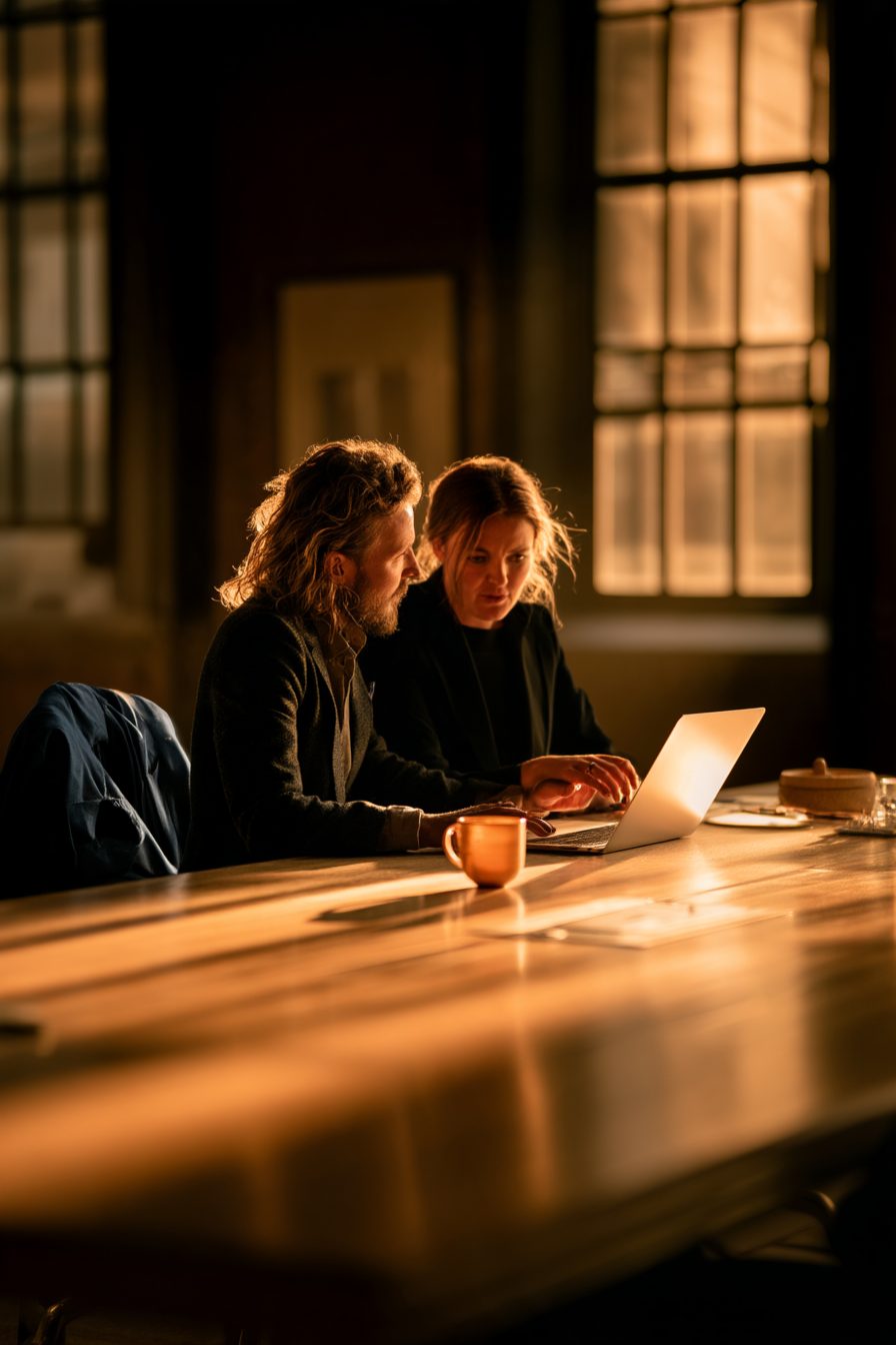 Two colleagues side by side at a long wooden table, reading a laptop screen together in warm window light.