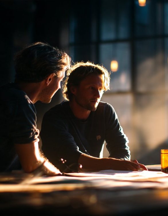 Two colleagues leaning over printed pages at a table in warm window light, reading closely.