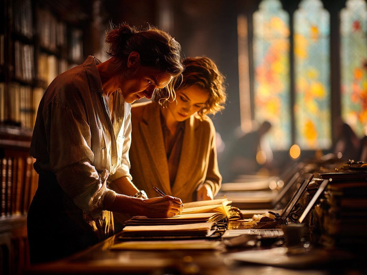 Two founders bent over papers at a wooden desk by a tall leaded window, working through a document together.