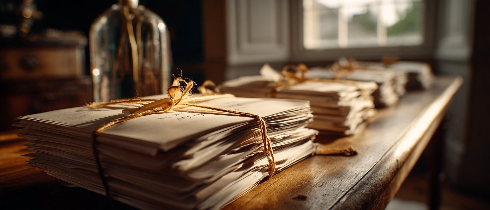 Stacks of papers tied with string on a wooden table by a window.