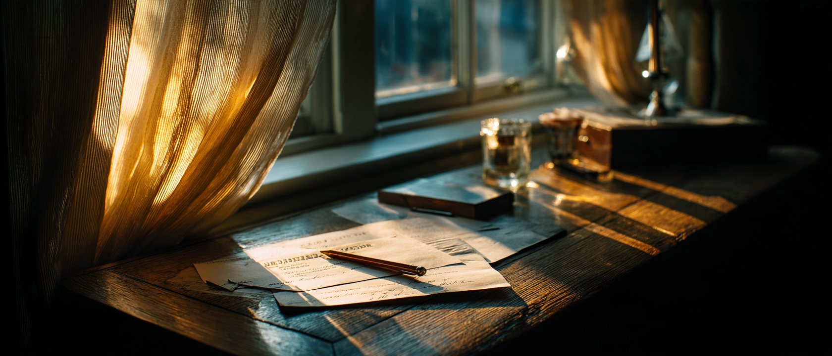 A desk by a window with linen curtains, a printed page and a pencil in afternoon light.