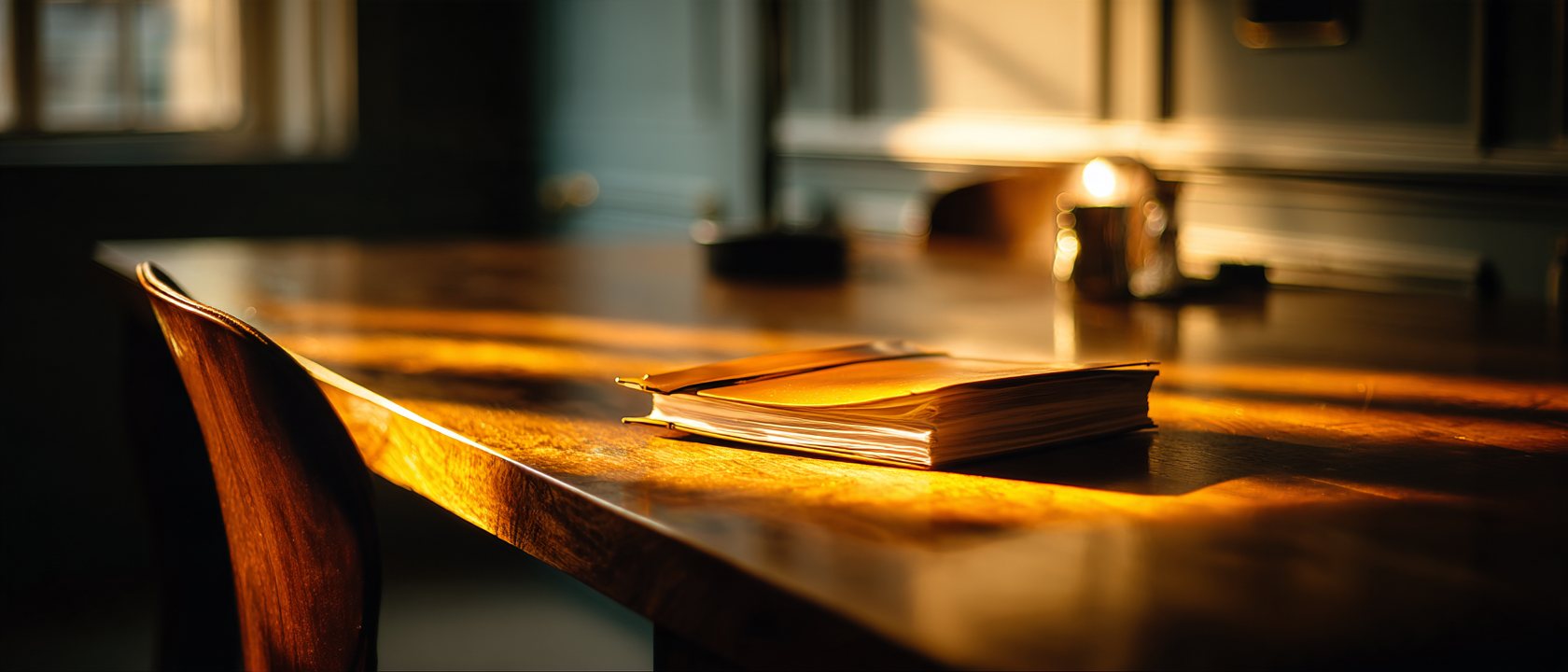A long bare oak desk with one folder on it in late light.