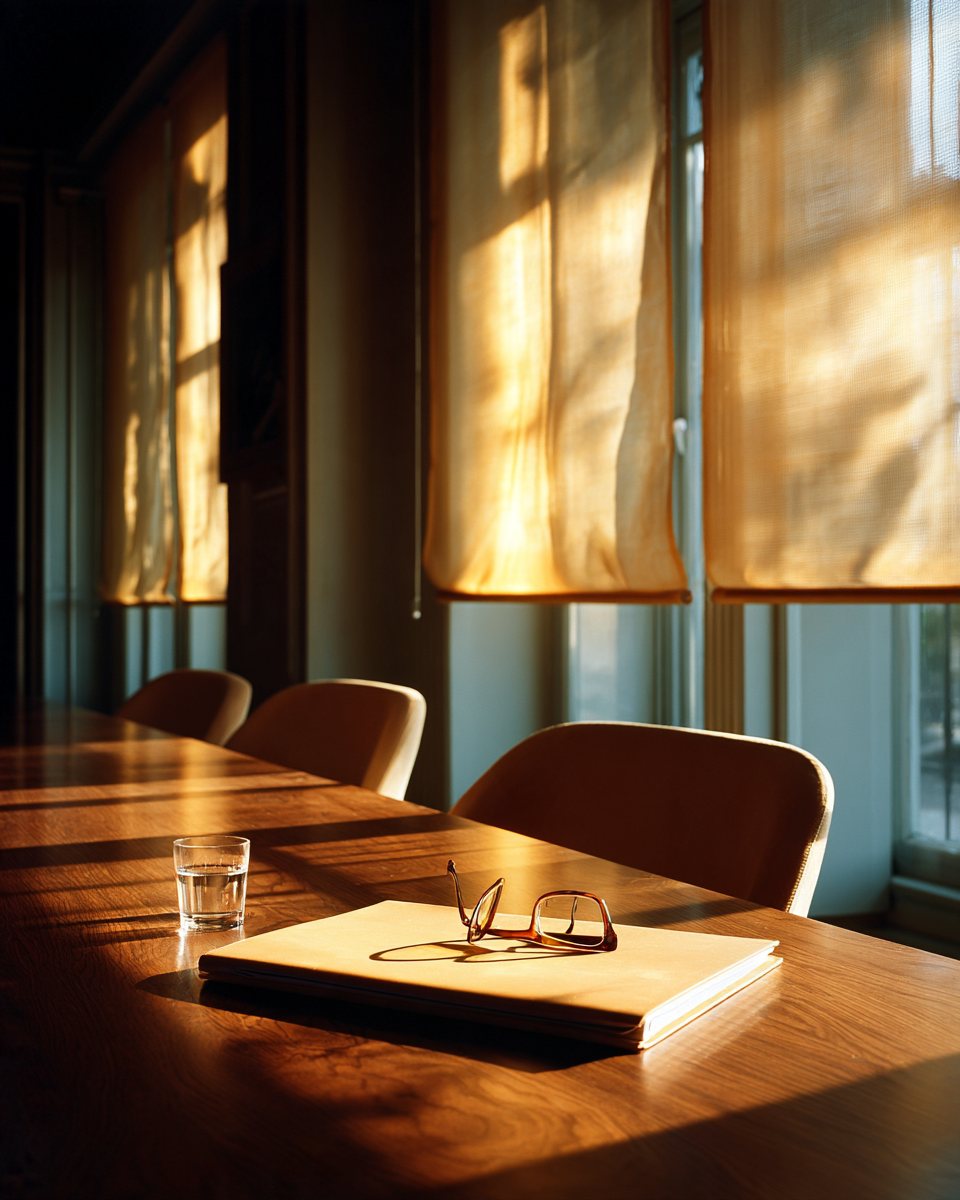 An empty meeting room with a closed notebook and glasses on the table, sunlight through the blinds.