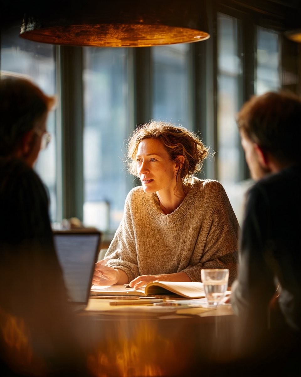 A small in-person meeting: a woman talking with two colleagues across a table, an open notebook and a laptop in front of her.