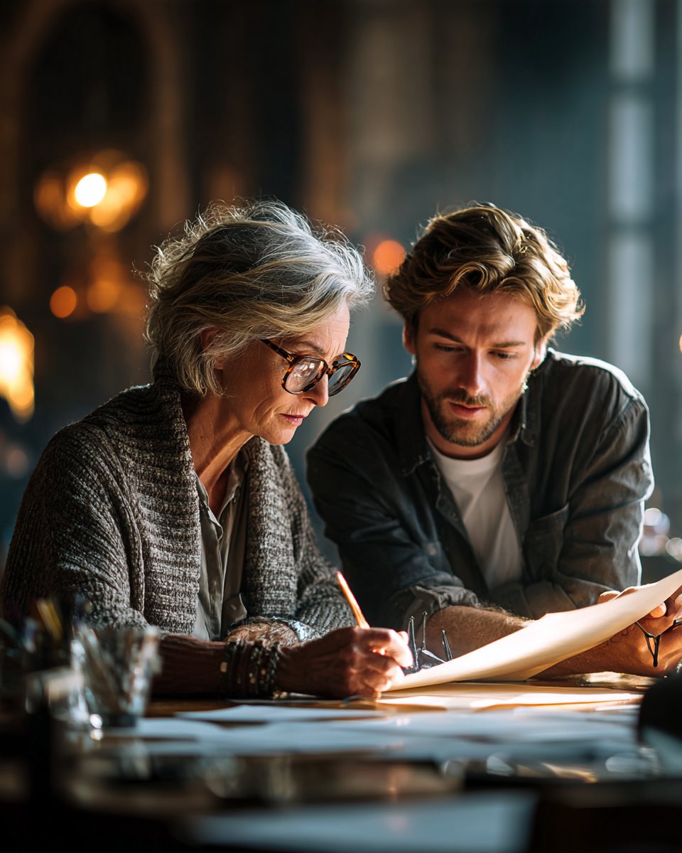 An older woman in glasses and a younger man lean over a table together, reading a document as she writes notes with a pencil.