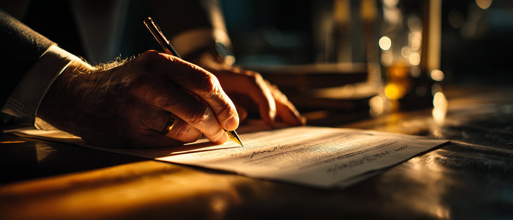 A lawyer's hand writing on a printed page at a desk.