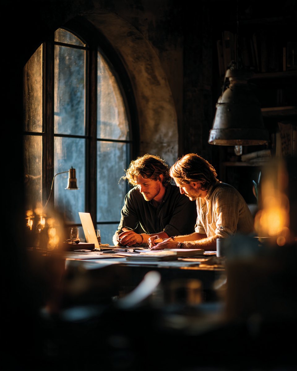 Two startup founders working at a table in a dim office by an arched window.