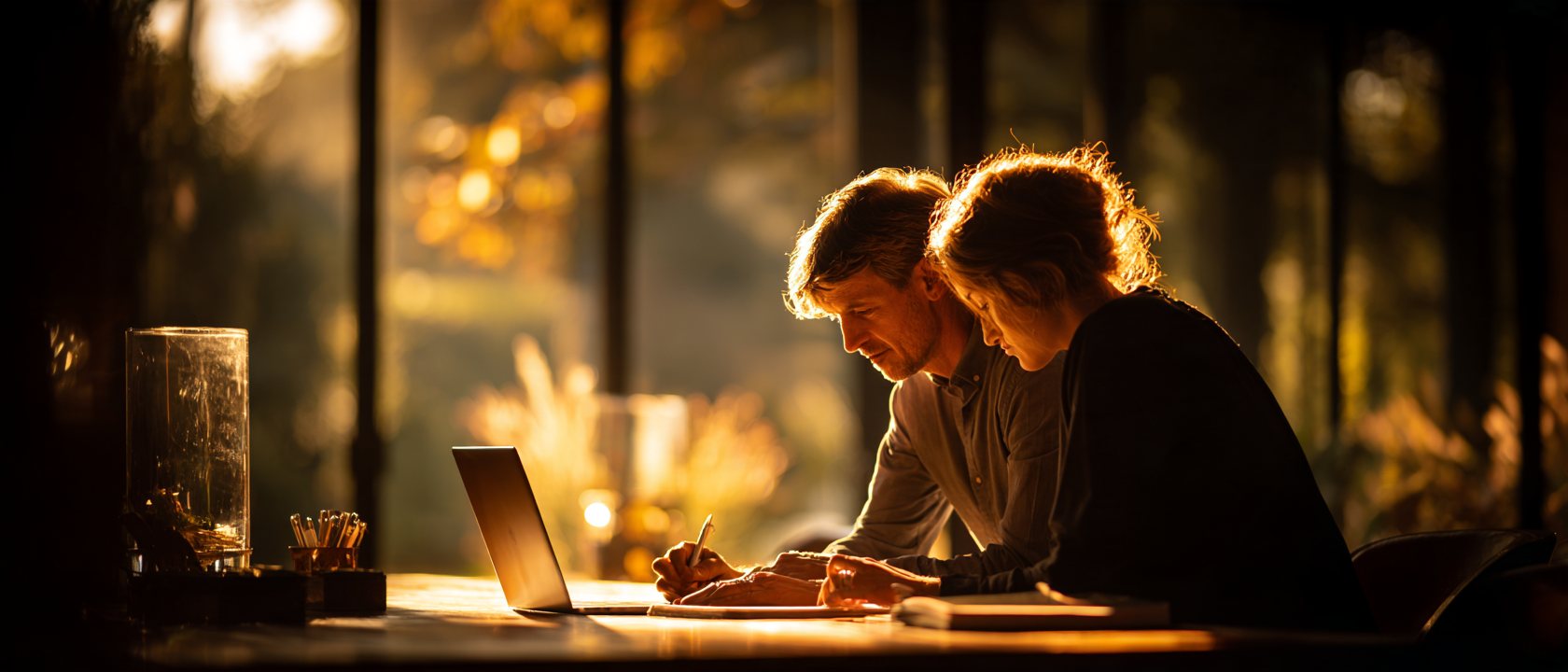 Two founders at a long table by a window, working on a laptop and papers together.