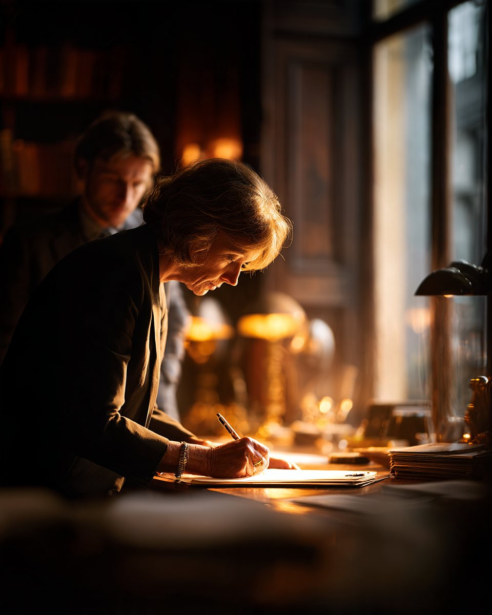 A lawyer writing at a desk by a window while a colleague reads nearby.