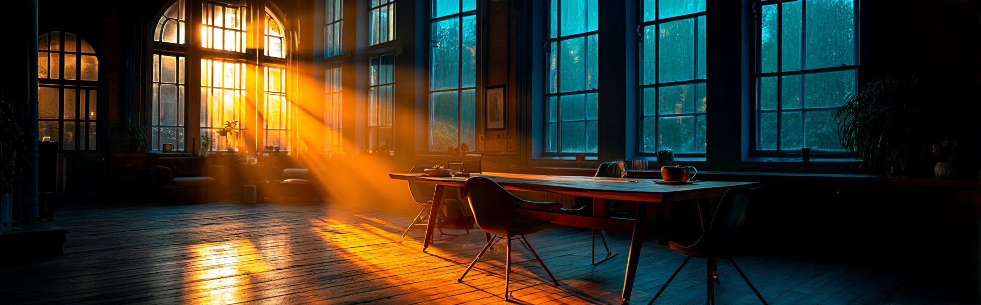 A long, empty office at dawn. Low sunlight falls through tall arched windows across a wooden floor and a single work table with a few chairs.