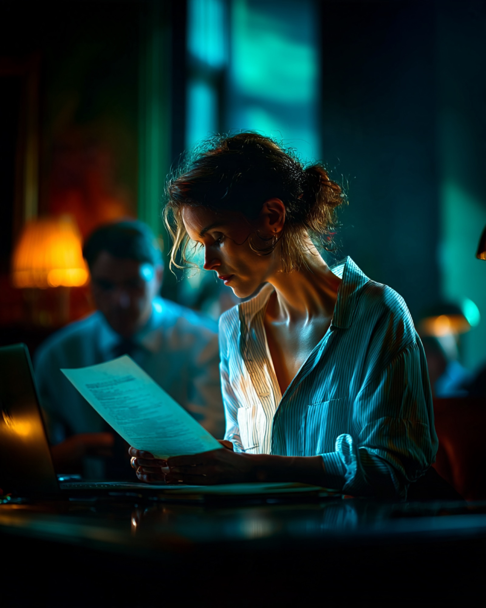 A woman reading a printed page at a dark desk in the evening, with a colleague working behind her under a warm lamp.