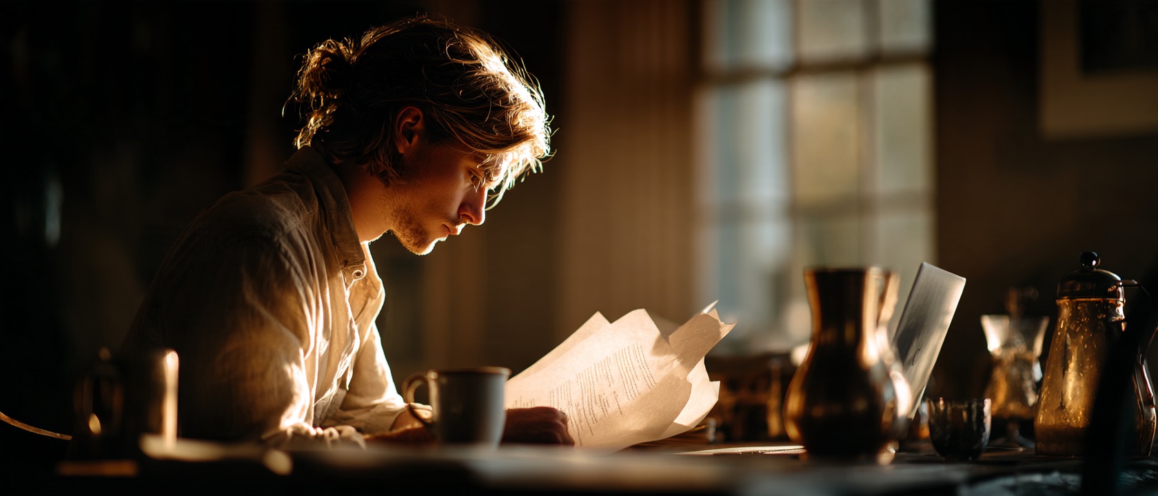 A young founder at a kitchen table in low evening sun reads through printed pages, a mug and an open laptop beside him.