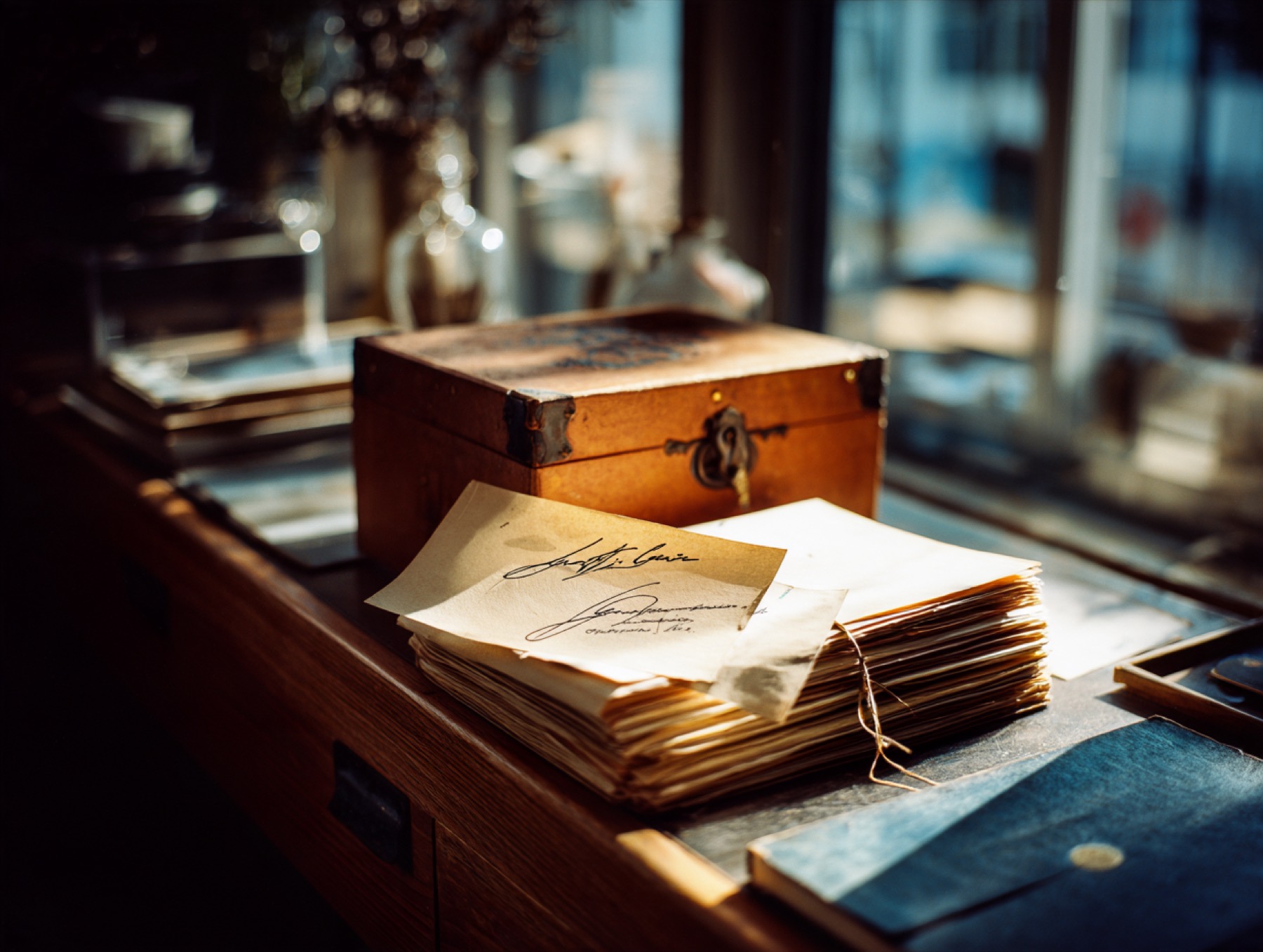 A worn wooden archive box on a sunlit windowsill desk, beside a tied stack of signed papers and a dark blue folder.