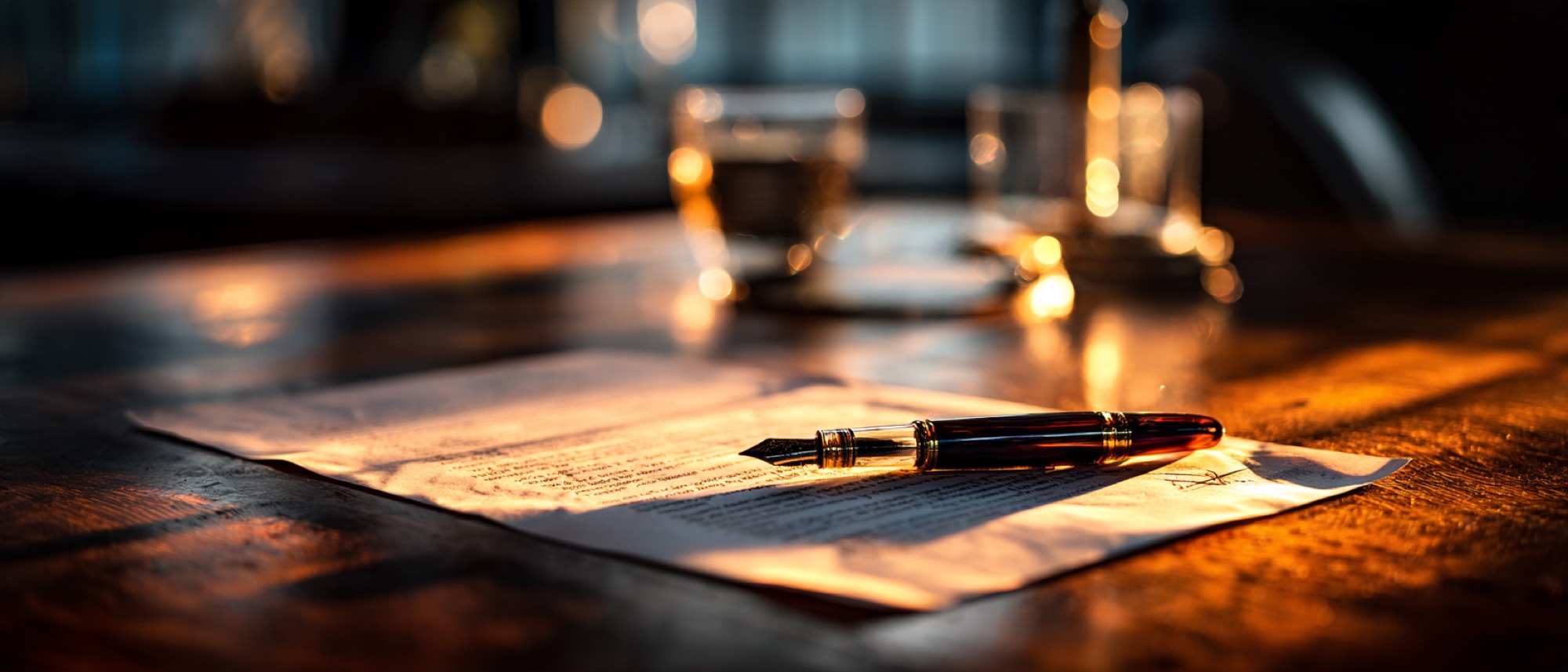 A signed agreement lying on a dark wooden table with a fountain pen across it, lit by low evening light.