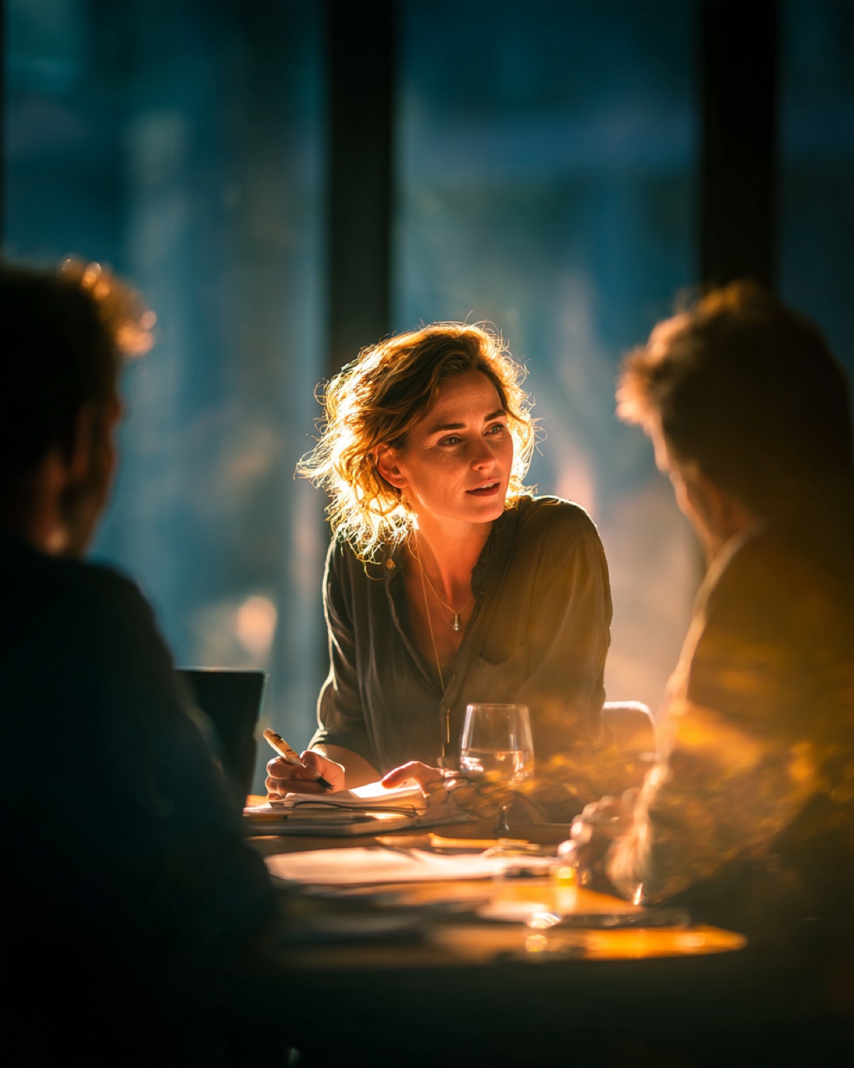 A woman with a pen and notebook talks across a table with two colleagues, late light from a tall window behind her.
