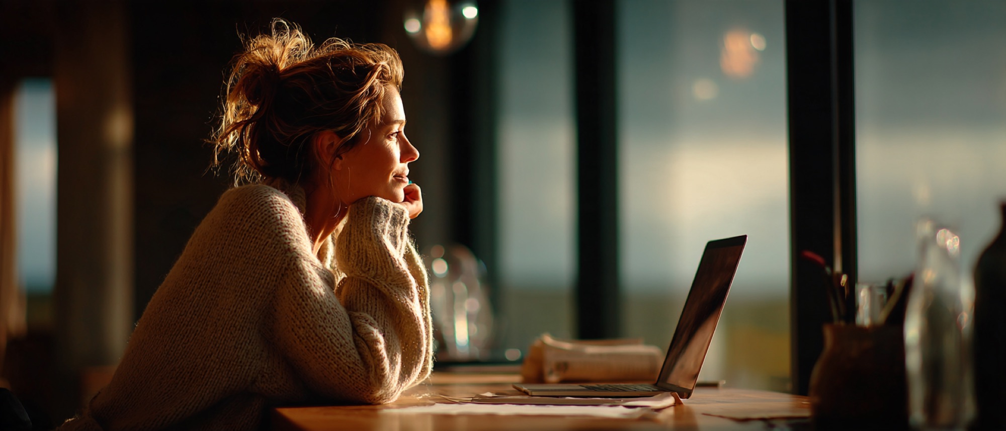 A woman in a cream sweater sits at a wooden table by a window in late light, chin on her hand, reading her open laptop.