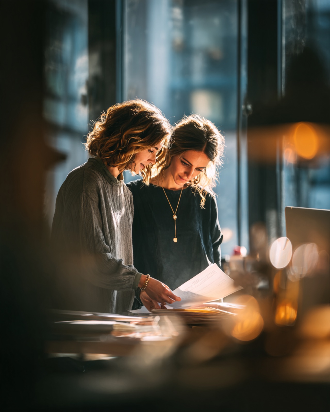 Two colleagues standing at a desk by a tall window, reading through a stack of printed pages together in late afternoon light.