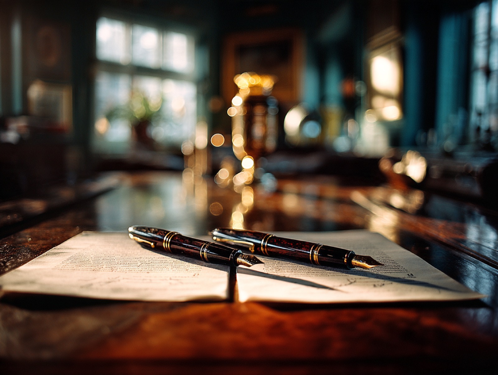 Two fountain pens rest on two open printed documents on a polished wooden table, with a softly lit room behind.