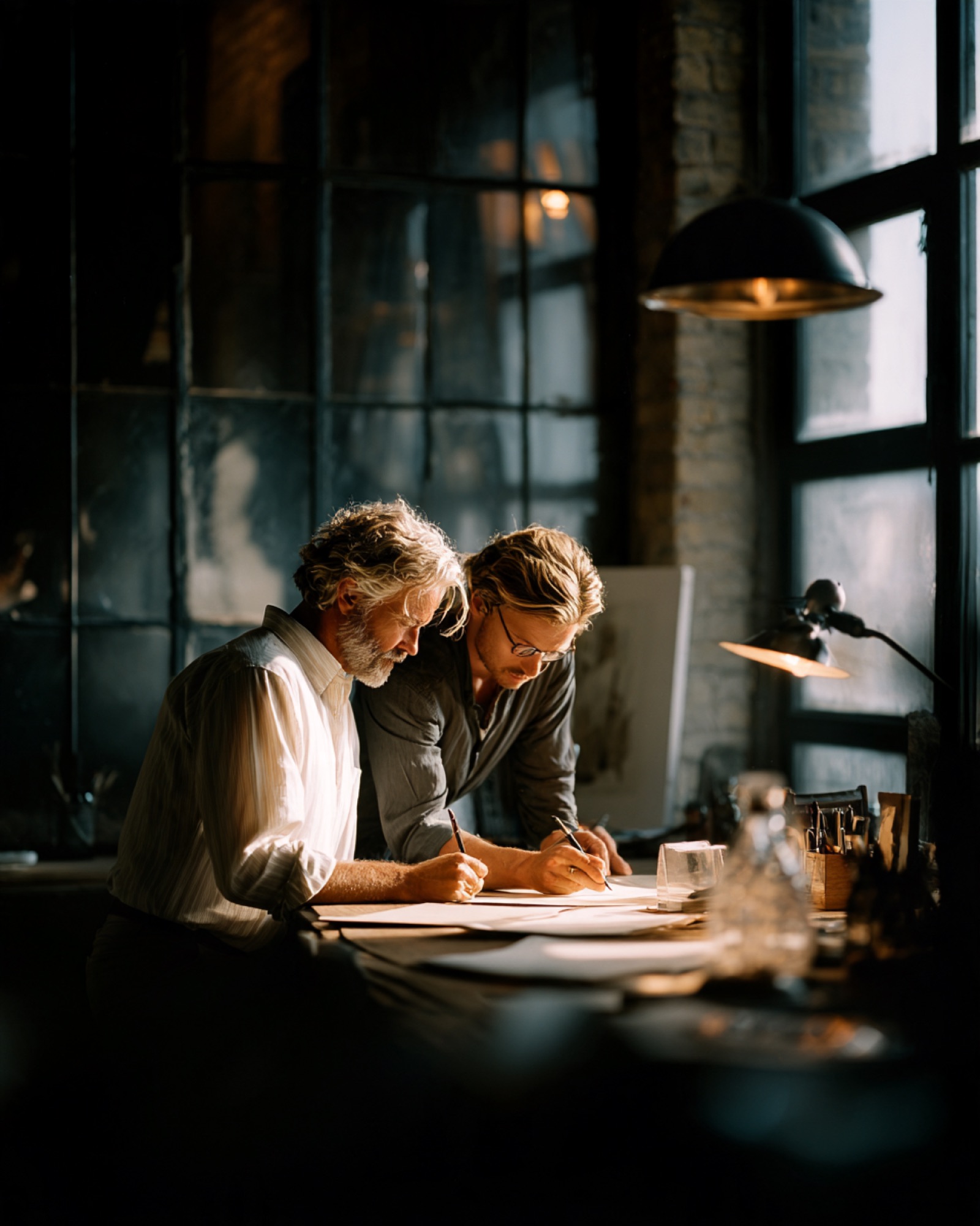 Two men leaning over a drawing table by tall factory windows, each sketching on large sheets of paper under a hanging lamp.
