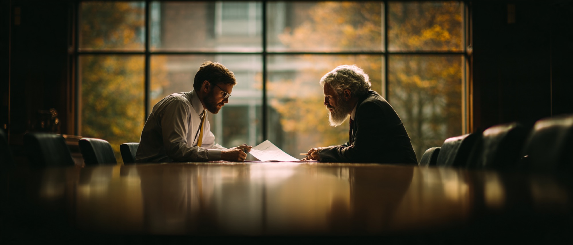 A younger man and an older man with a white beard read a document together across a long table by a tall window.