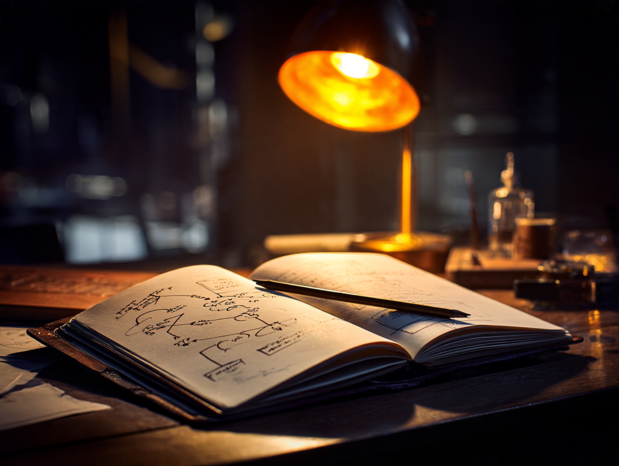 An open notebook with hand-drawn diagrams and a pencil on a dark wooden desk, lit by a brass desk lamp.