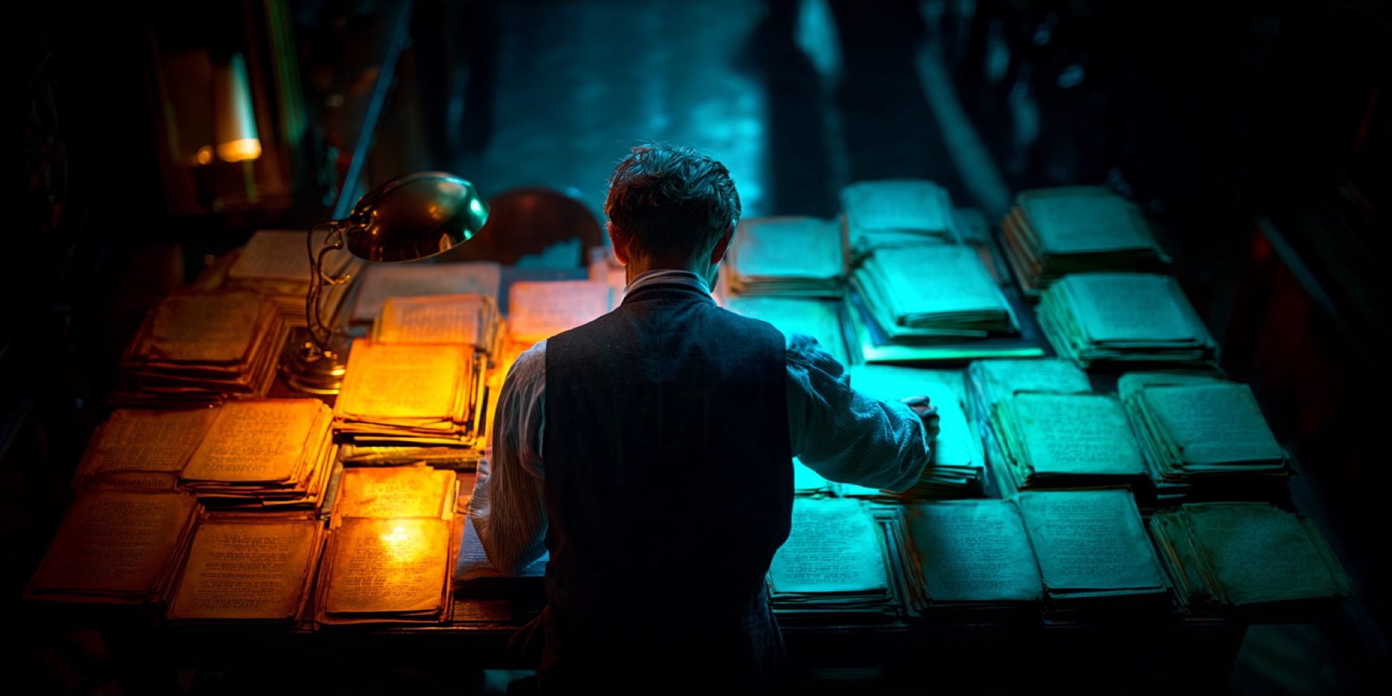 A man seen from behind sorts long rows of document stacks on a table under a brass desk lamp in a dim archive.