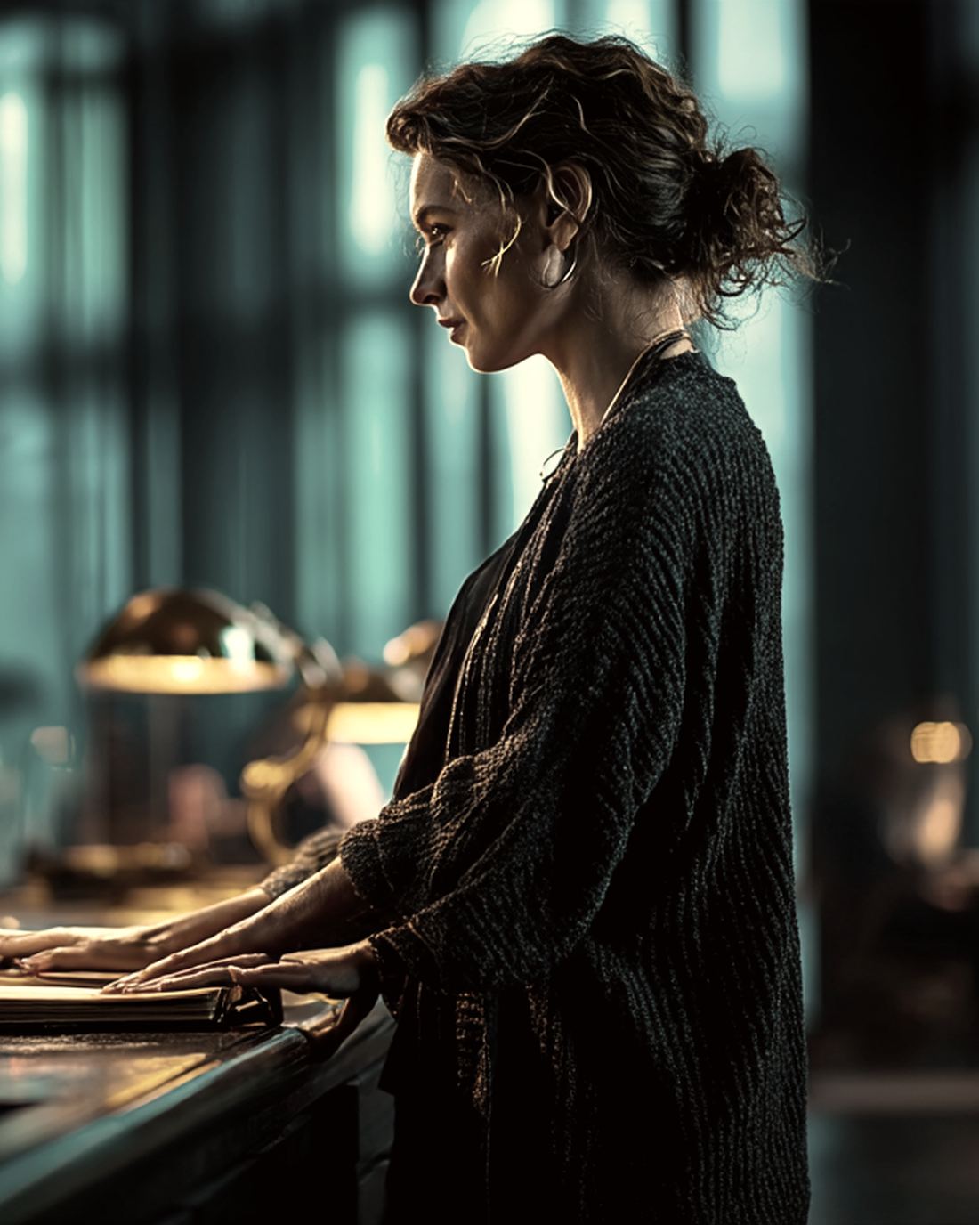 A woman in a dark knit cardigan stands at a long desk under brass lamps, both hands resting on a folder, looking out toward tall windows.