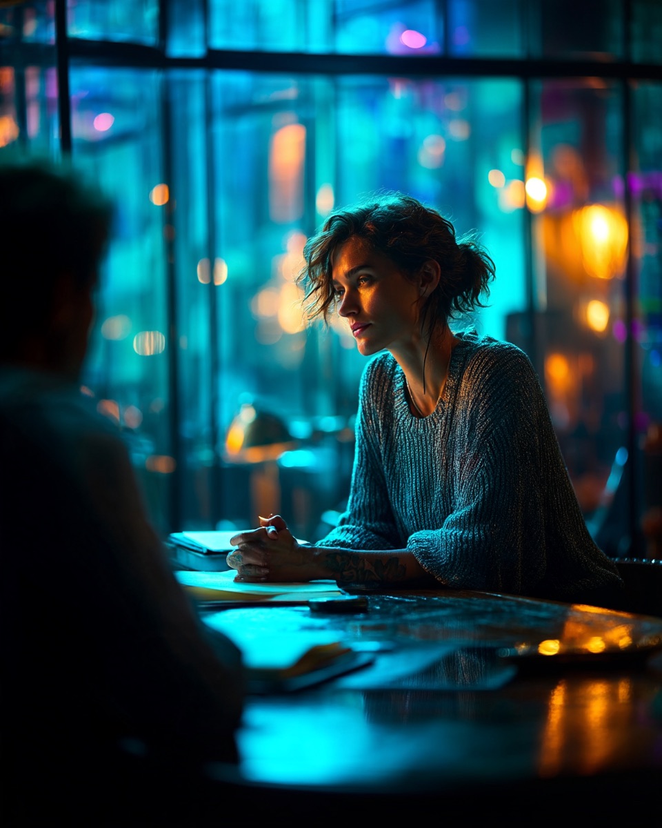 A woman in a grey knit sweater sits across a table from a candidate in a glass-walled room at night, listening with her hands folded beside a notebook.